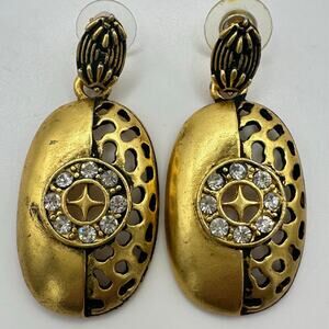 Gold tone clear glass rhinestones cut outs oval dangle drop post earrings